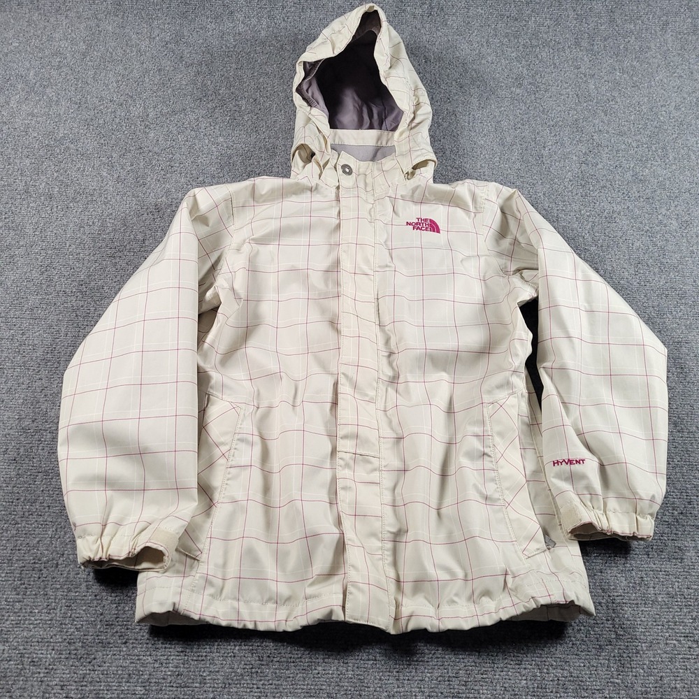 The North Face Hyvent Jacket Girls Size L 14/16‎ Hooded Cream Purple Grid